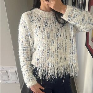 Chic Fringed Cream and Blue Sweater